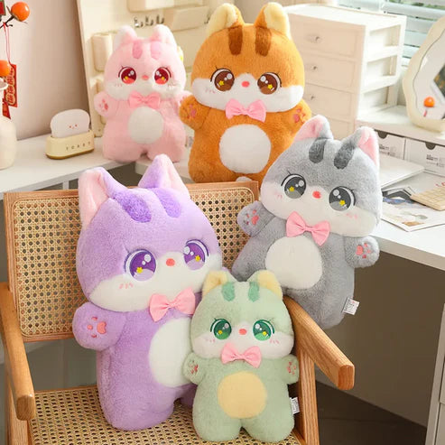 Colorful UwU Kitty Plushies in Green, Gray, Purple, Orange, and Pink with kawaii expressions