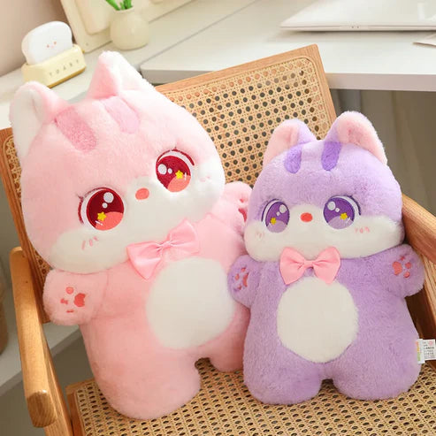 Two UwU Kitty Plushies in pink and purple with kawaii expressions